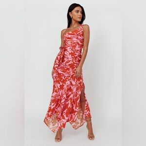 Floral One-Shoulder Dress in Red and Pink